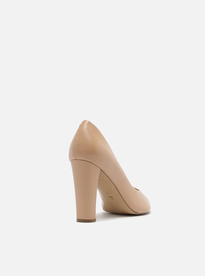 Scarpin Nude Couro Salto Alto Bloco Bico Fino