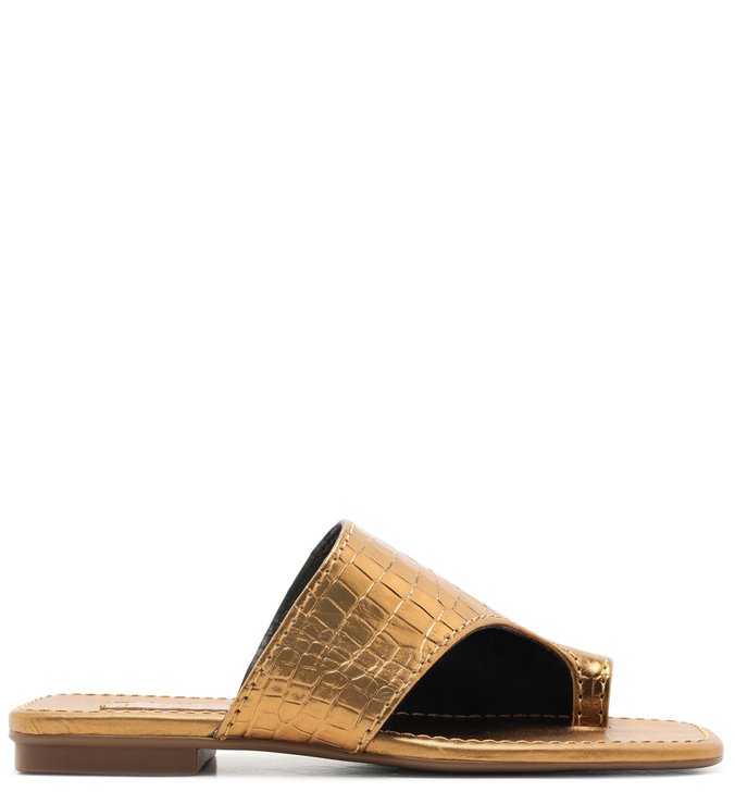 Rasteira Croco Bico Quadrado Tira Dedo Toast Gold