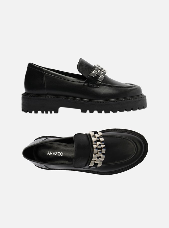 Mocassim Preto Couro Tratorado Metal