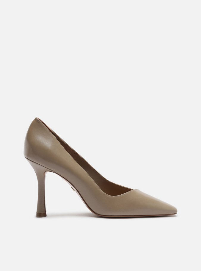 Scarpin Peep Toe Cinza Couro Bico Quadrado