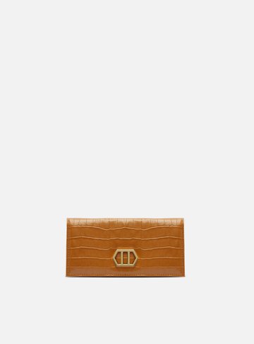 Clutch Marrom Couro Croco Pequena Metal