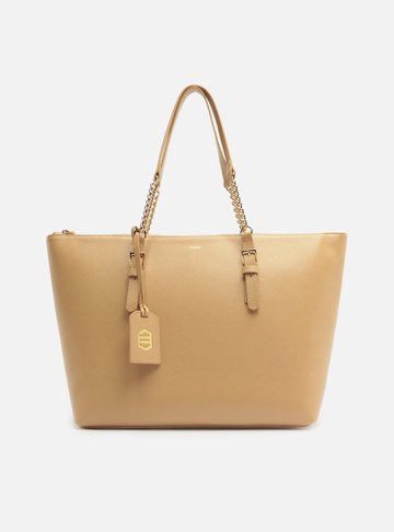 Bolsa Shopping Bege Couro Grande Alça Corrente