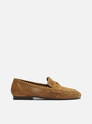 Mocassim Marrom Suede Bico Redondo Vazado Metal