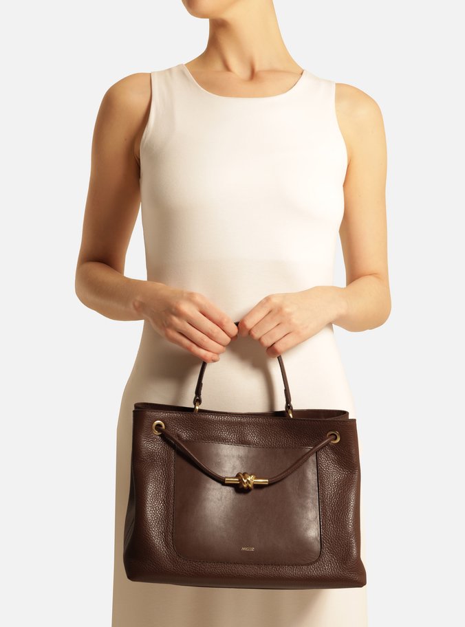 Bolsa Tote Marrom Dark Couro Helena Grande Nó Metal
