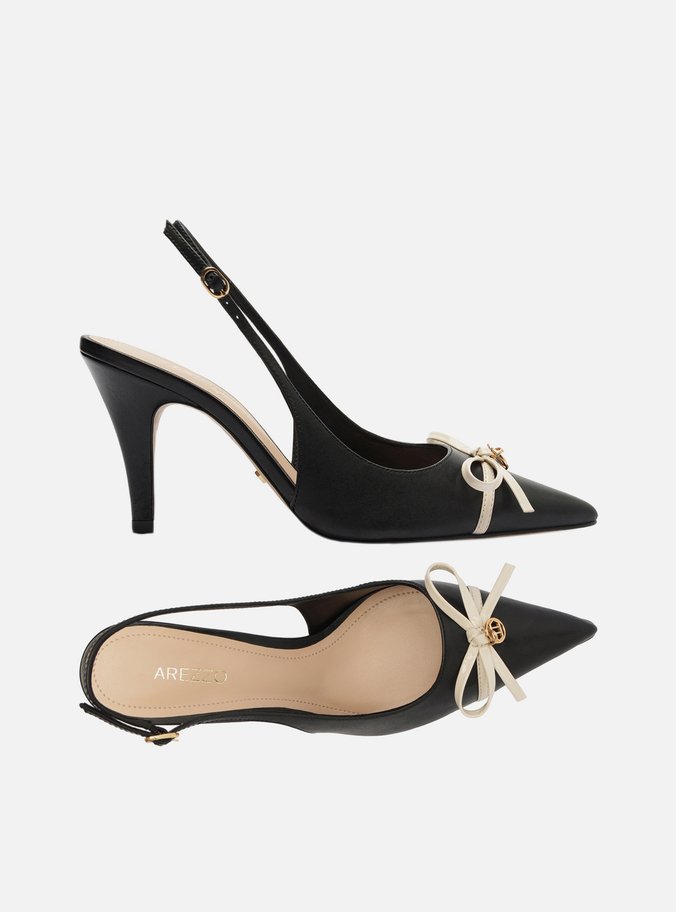 Scarpin Preto Couro Salto Médio Slingback Laço