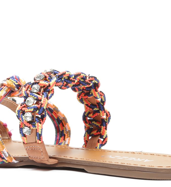Rasteira Multicolorida Tiras Corda Pedrarias