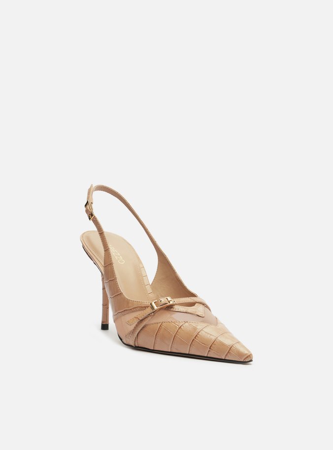 Scarpin Rosa Croco Salto Alto Slingback Tela