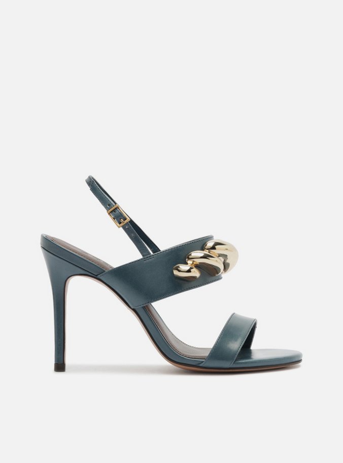Sandália Azul Couro Metal Salto Fino