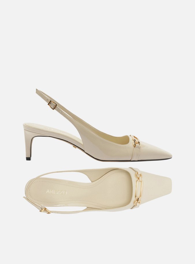 Scarpin Branco Verniz Salto Baixo Slingback Metal