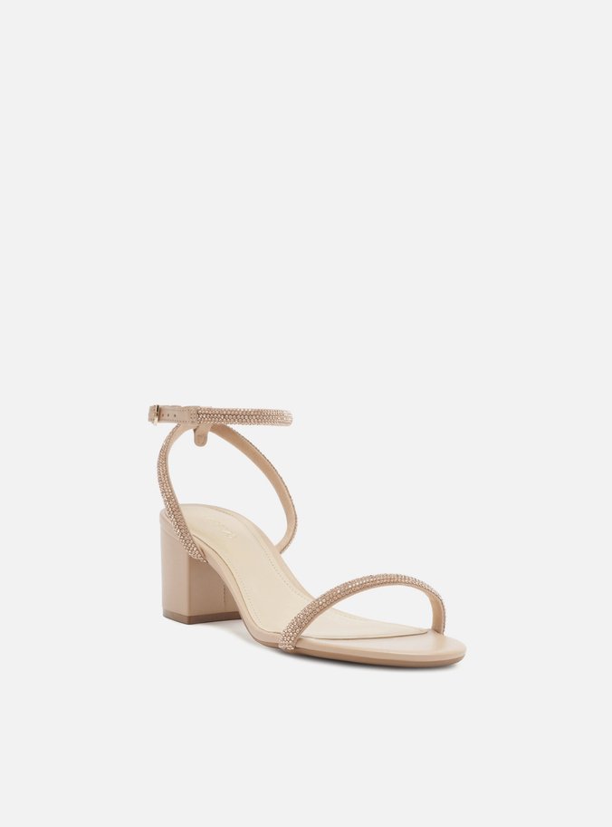 Sandália Nude Strass Salto Bloco Minimal