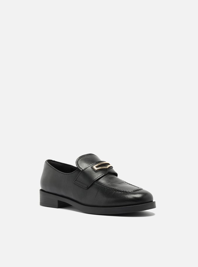 Mocassim Preto Couro Bico Redondo Retrô Metal