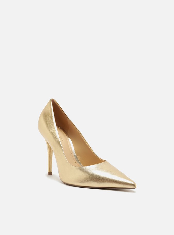 Scarpin Couro Salto Alto Dourado Platino