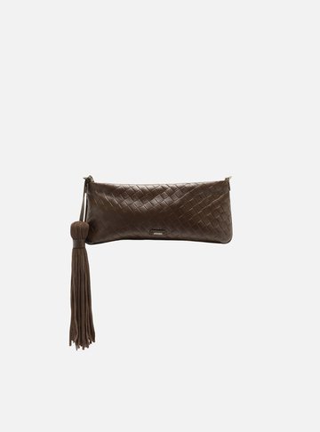 Arezzo — Bolsa Clutch Marrom Couro Pequena Tressê Franja