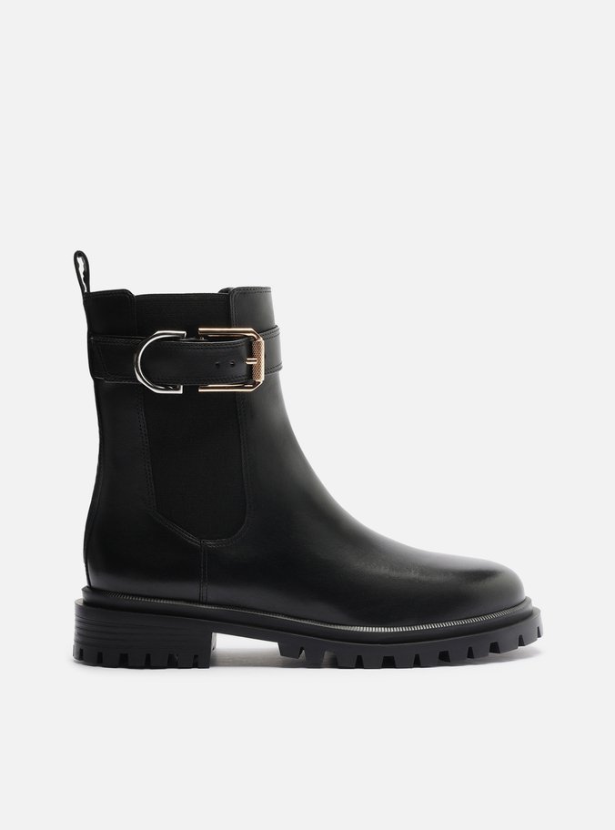 Bota Coturno Preta Couro Cano Curto Tratorada Fivela