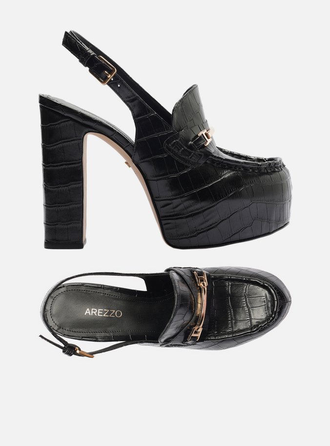 Loafer Preto Croco Salto Bloco Meia Pata