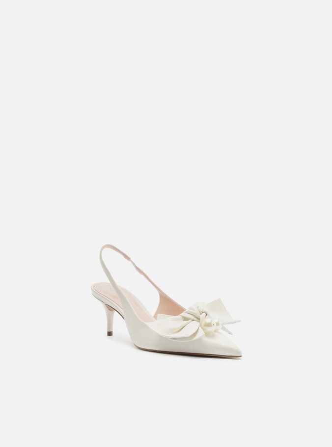 Scarpin Branco Couro Slingback Laço Pérolas