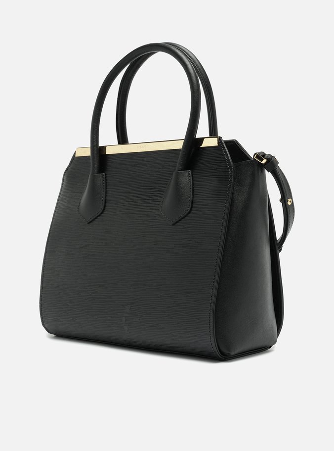 Bolsa Tote Preta Couro Textura Grande Metal