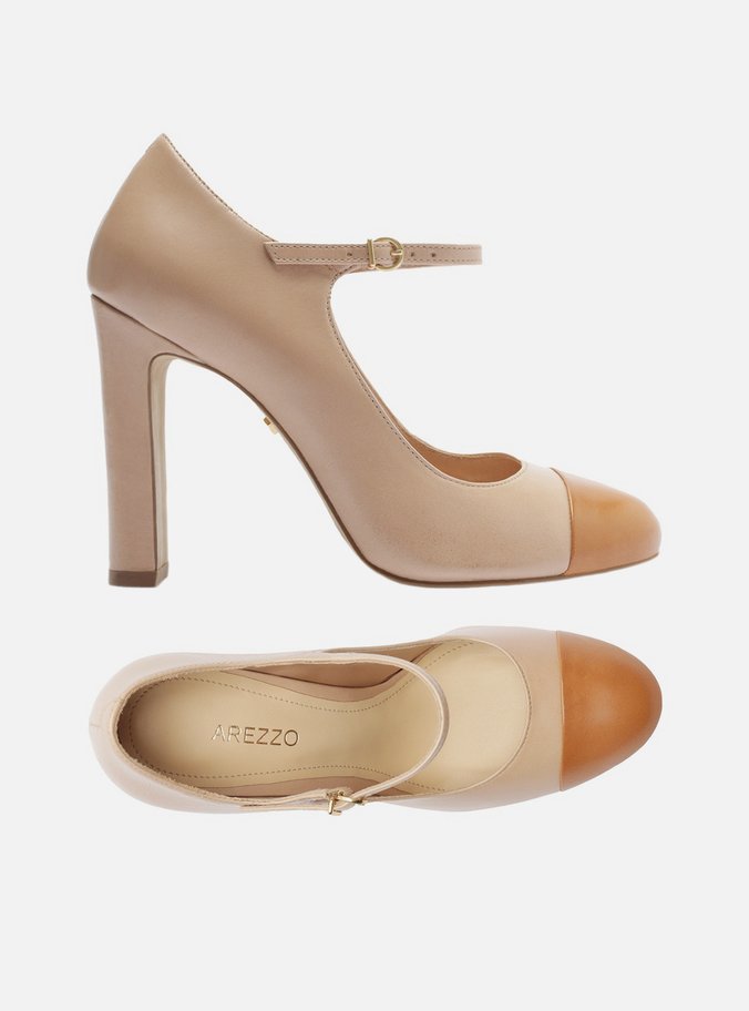 Sapato Boneca Bege Couro Salto Alto Cap Toe
