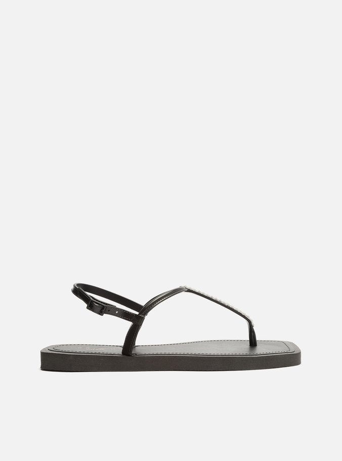 Sandália Rasteira Preta Slim Strass Square Brizza