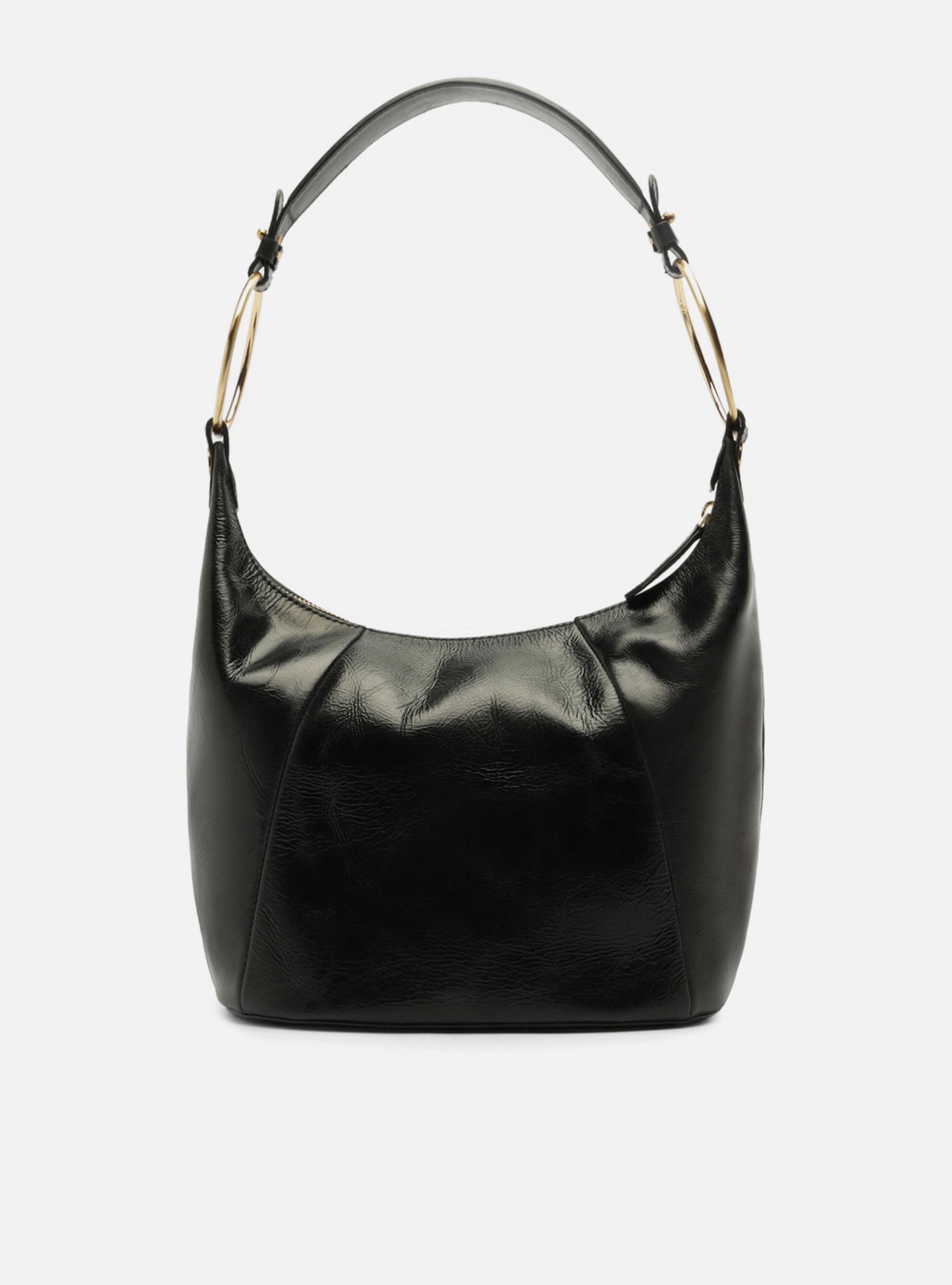 Bolsa Shoulder Preta Couro Média Argolas Alça — foto 3