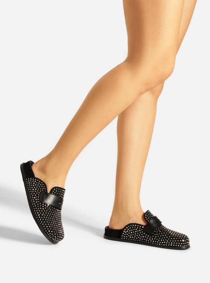 Clog Sabot Preta Suede Rasteira Rebites