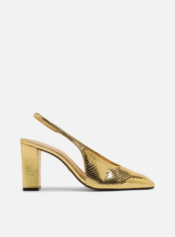 Scarpin Dourado Couro Salto Bloco Bico Quadrado Slingback