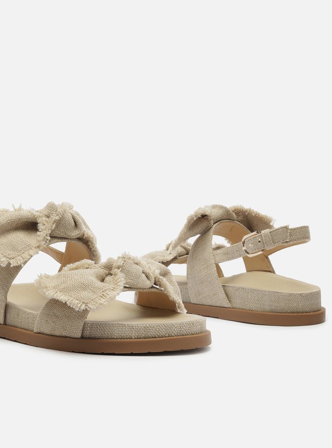 Sandália Rasteira Nude Linho Flatform Laços