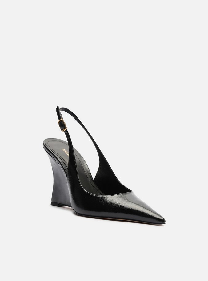 Scarpin Preto Couro Salto Anabela Slingback