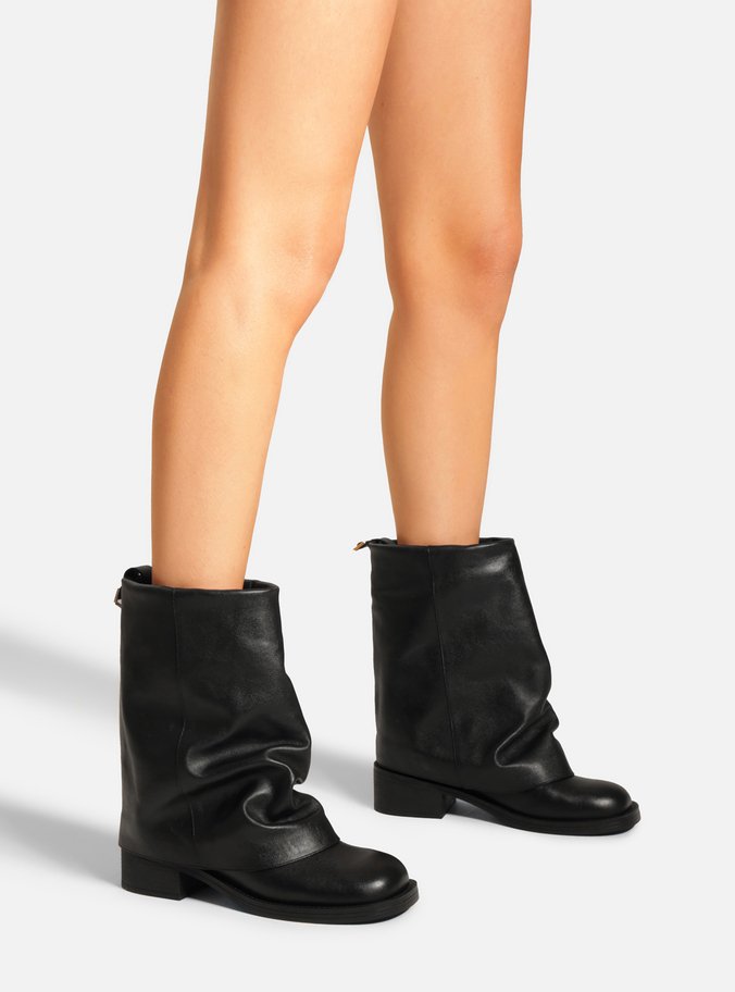Bota Preta Couro Cano Curto Bloco Polaina