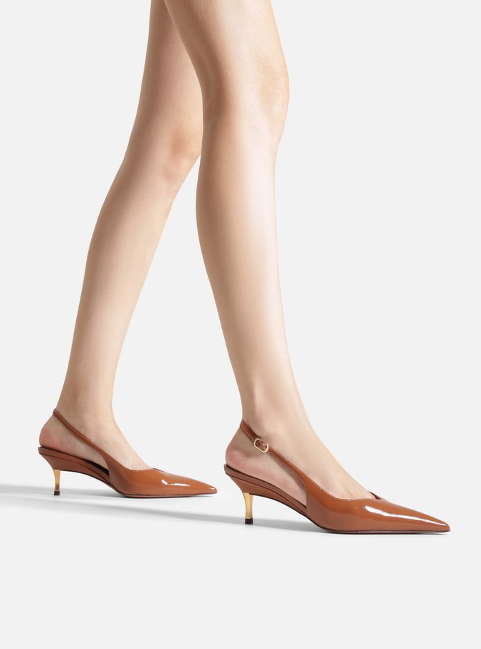 Scarpin Marrom Couro Slingback Salto Médio Dourado