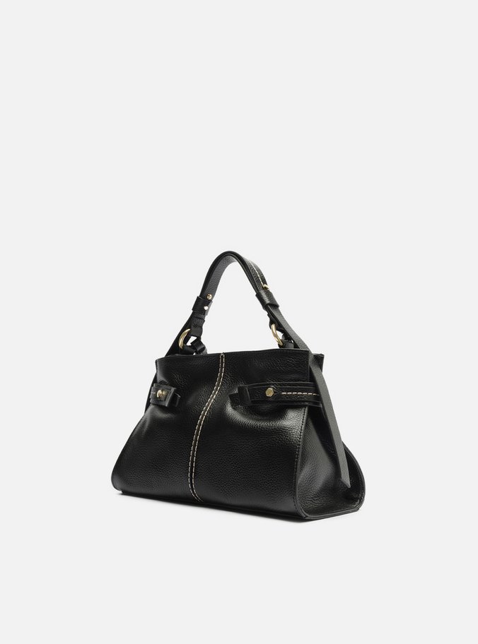 Bolsa Tote Preta Couro Média Tiras Laterais