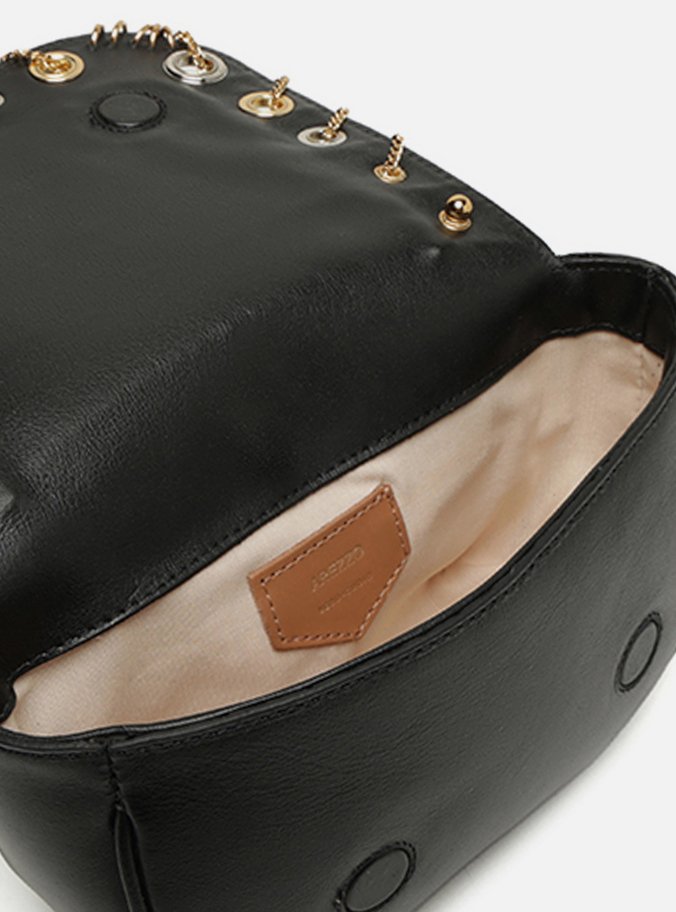 Bolsa Tiracolo Preta Couro Pequena Costuras Metais