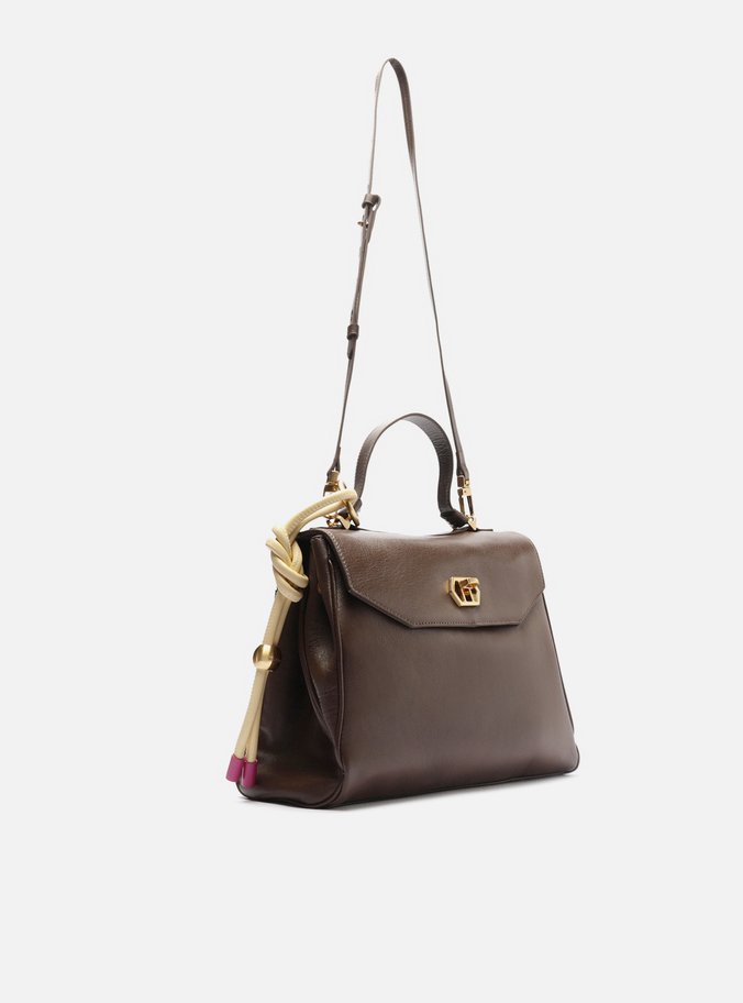 Bolsa Satchel Marrom Couro Média Bag Charm Nó
