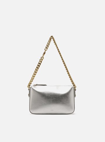 Bolsa Shoulder Prata Couro Pequena Alças Corrente