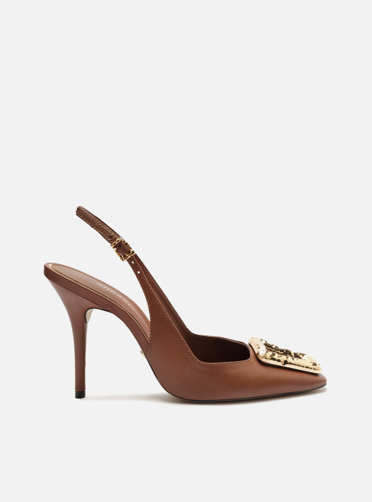 Scarpin Marrom Couro Bico Quadrado Slingback Metal — foto 1