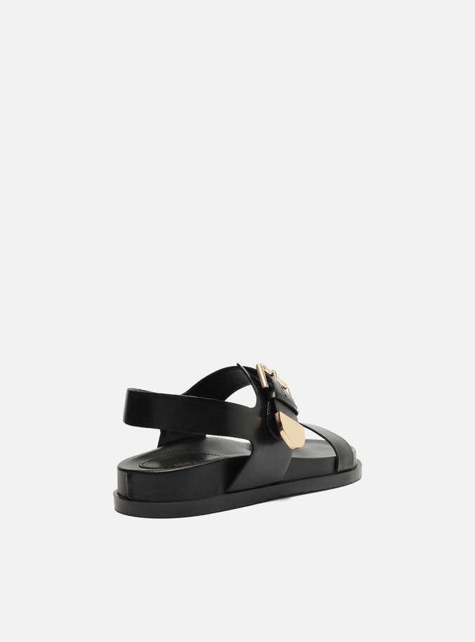 Sandália Rasteira Preta Couro Maxi Fivela
