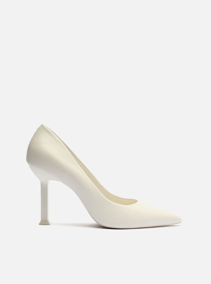 Scarpin Branco Couro Salto Fino Geométrico