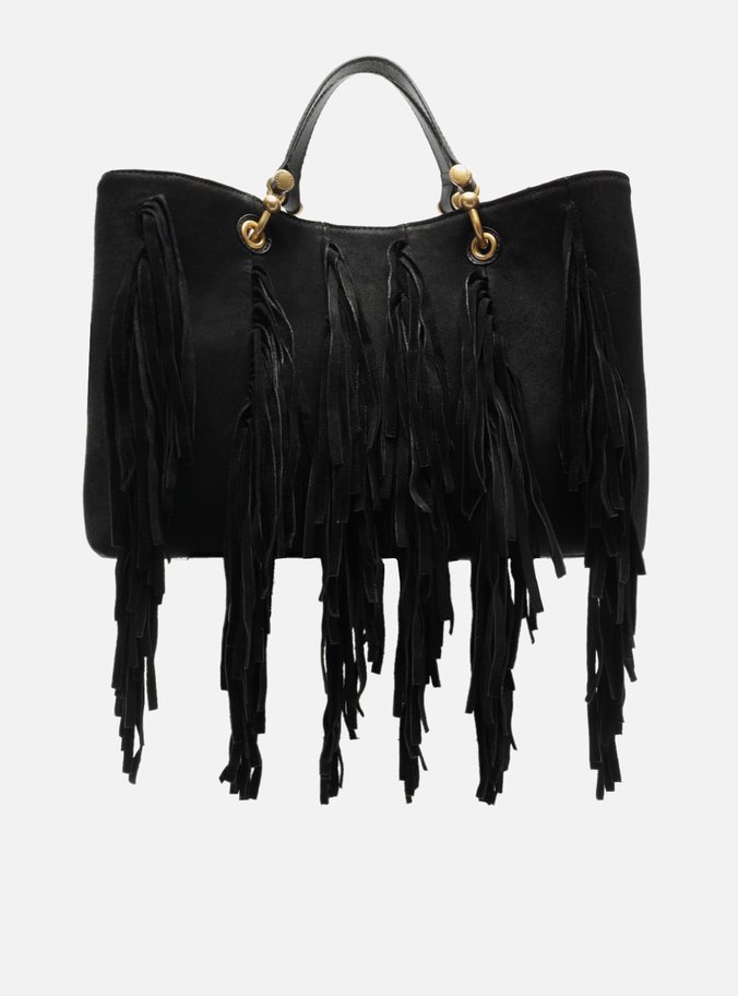 Bolsa Tote Preta Suede Grande Franjas