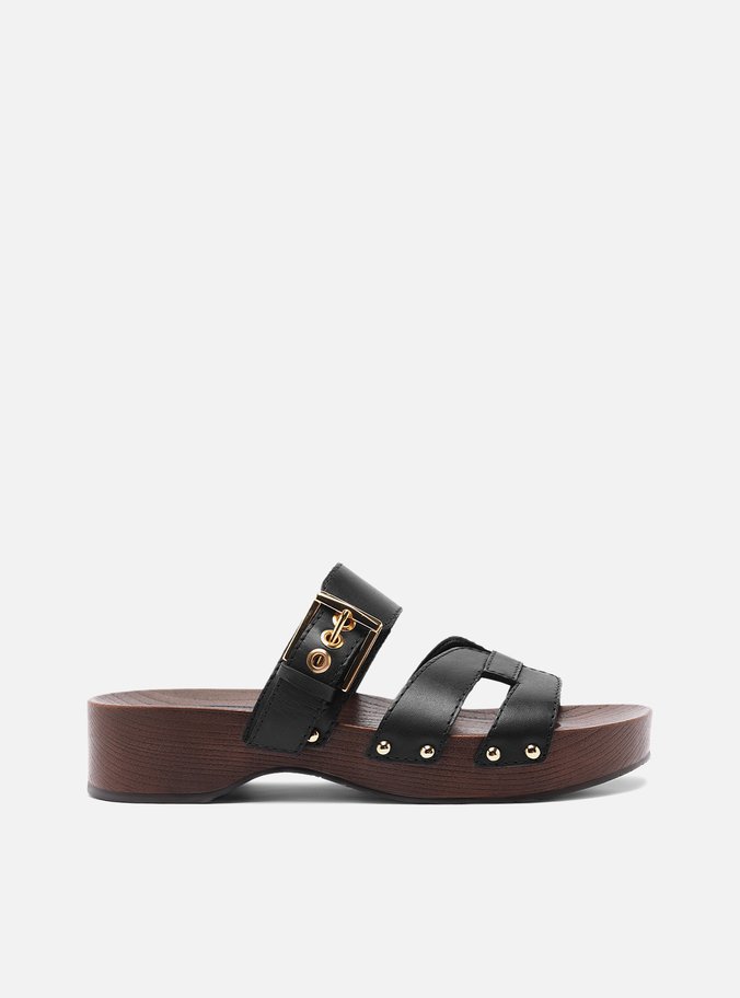 Sandália Clog Preta Couro Flatform Lauren