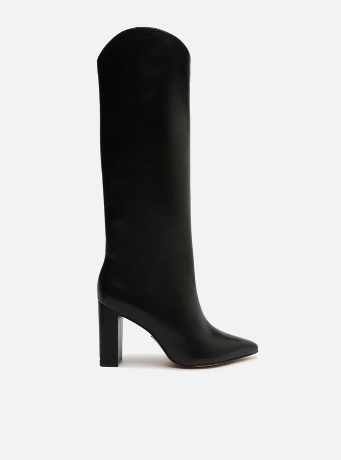 Bota Preta Couro Cano Longo Salto Alto