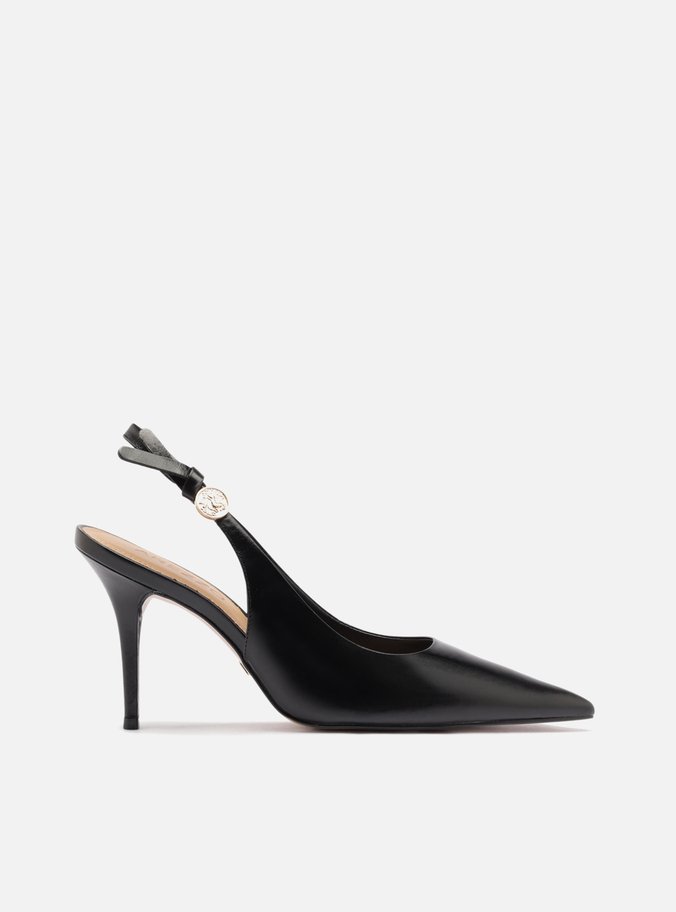 Scarpin Preto Couro Salto Alto Slingback Metal Heritage