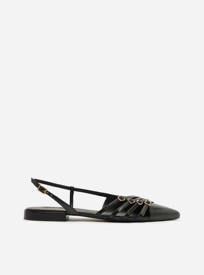 Sapatilha Preta Couro Slingback Tiras Fivelas