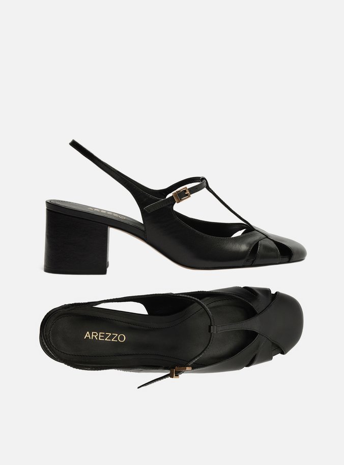 Sapato Boneca Preto Couro Slingback Recortes