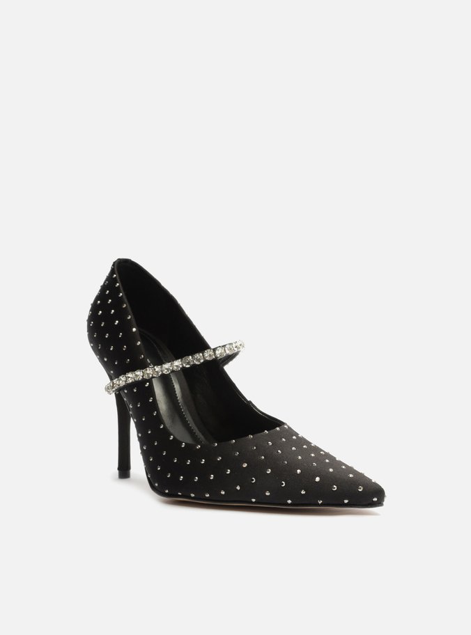 Scarpin Preto Salto Alto Bico Fino Strass Aysha