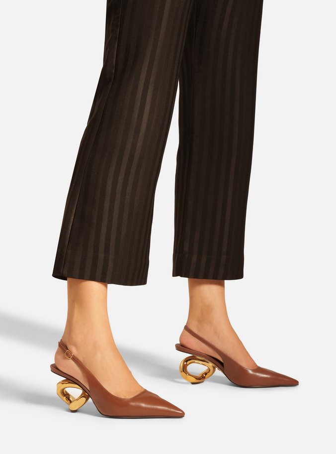 Scarpin Caramelo Couro Salto Geométrico Slingback