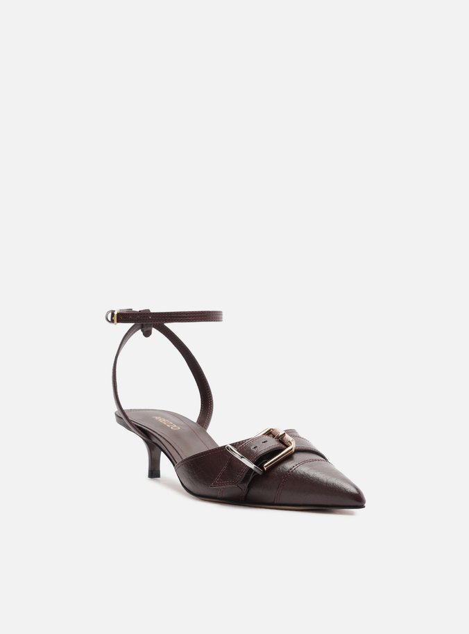 Scarpin Marrom Couro Salto Kitten Aberto Fivela