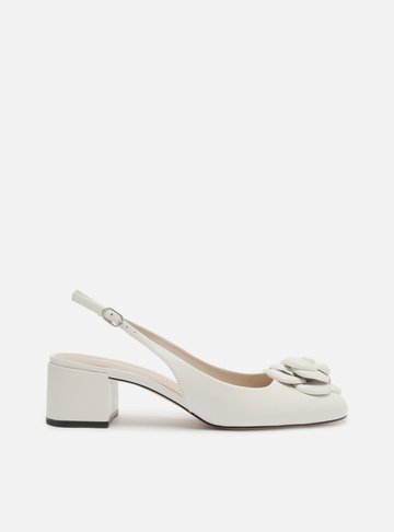 Scarpin Branco Couro Salto Bloco Slingback Flor