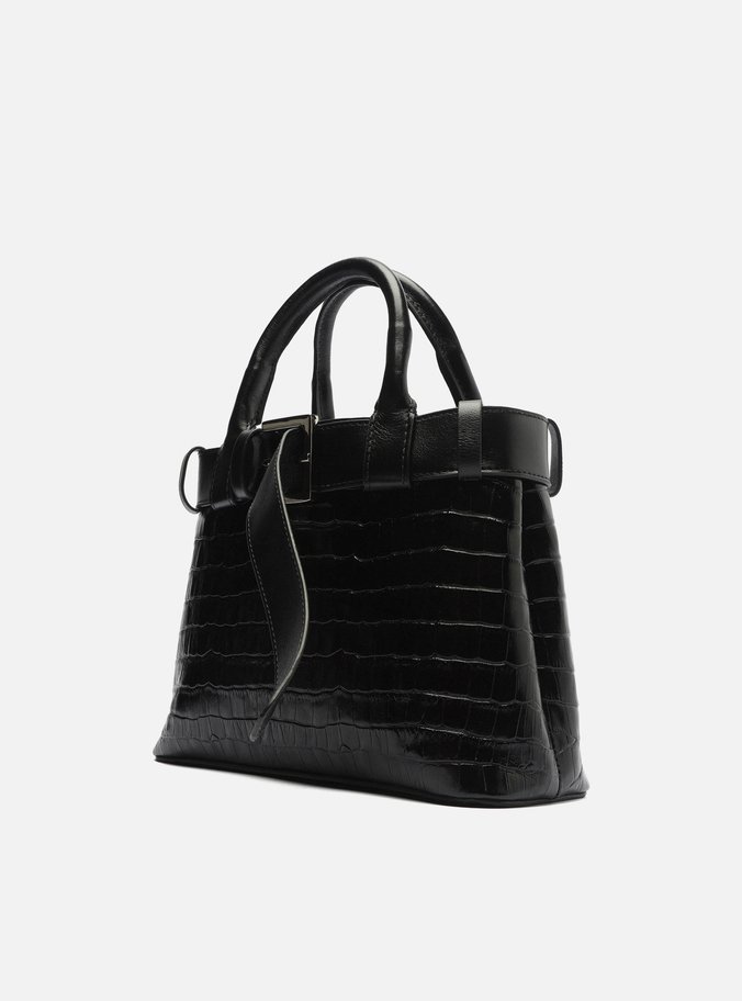 Bolsa Tote Preta Couro Croco Média Fivela