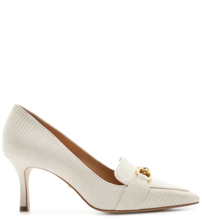 Scarpin Lizard Salto Fino Bico Quadrado Fivela Off-White