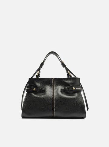 Bolsa Tote Preta Couro Média Tiras Laterais